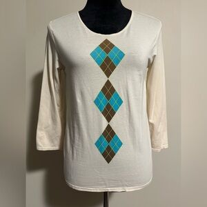 Preloved DKNY Cream Argyle Patterned Top size medium